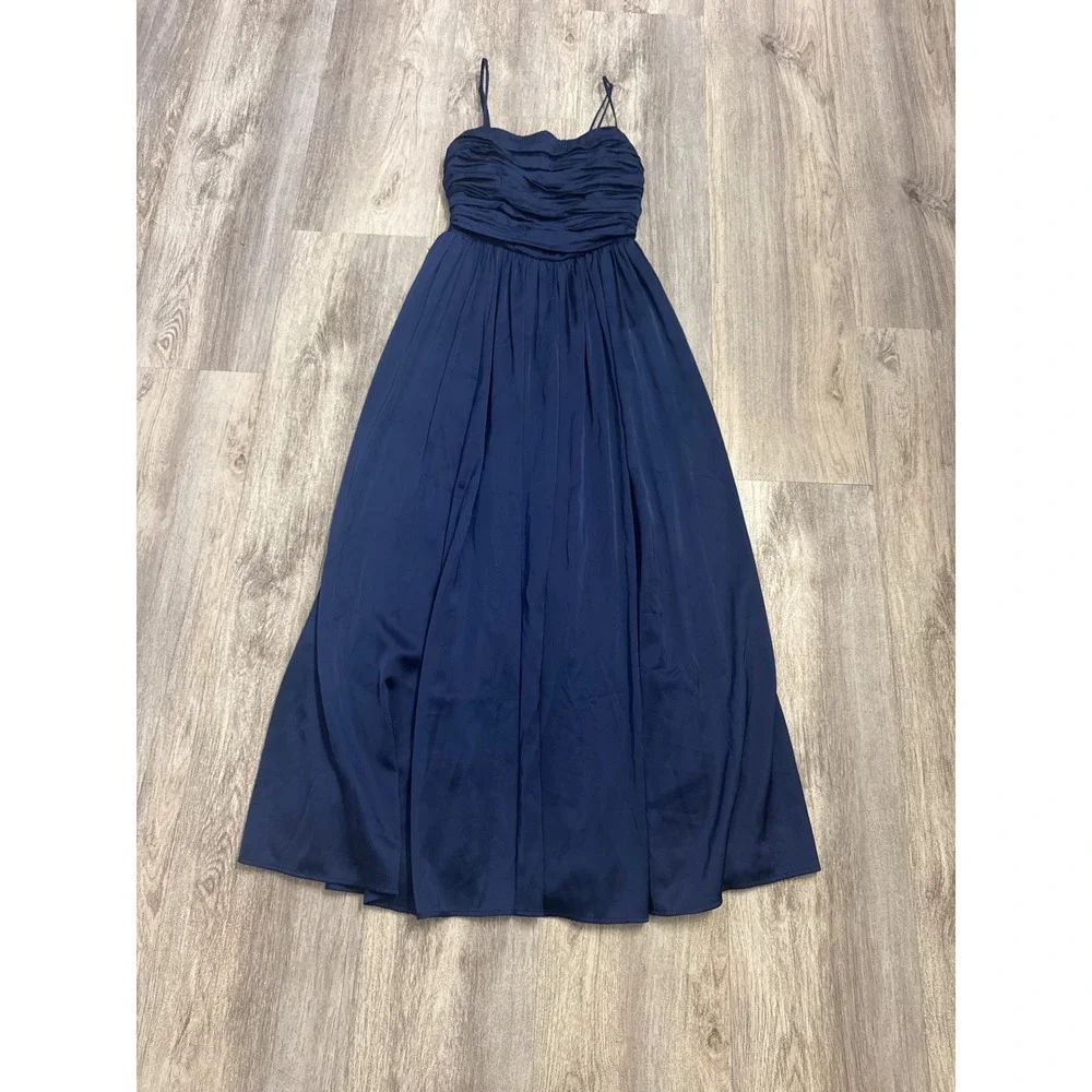Abercrombie & Fitch Emerson Navy Blue Ruched Satin Maxi Dress Women's XS Petite